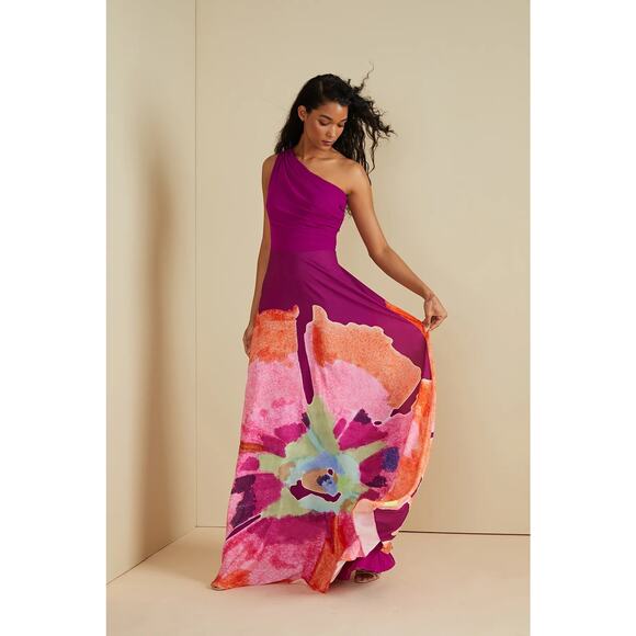 Amur Atlas Painterly Gown Maxi Dress One Shoulder Fairy Floral Statement Sz 10 - Picture 2 of 10